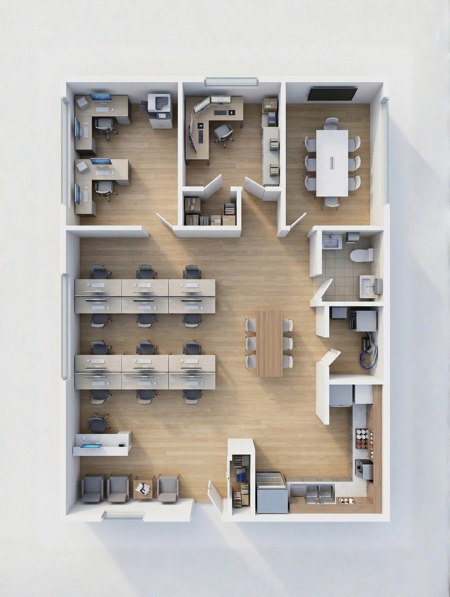 Commercial interior visualization showing a professional office space.